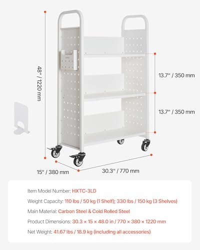 VEVOR Rolling Library Book Cart, 330 lbs Capacity, 30.3 x 15 x 48.0-Inch Library Cart, Single Sided L-Shaped Shelves with 3-Inch Lockable Wheels, Book Truck for Home Shelves Office and School, White - Image 3