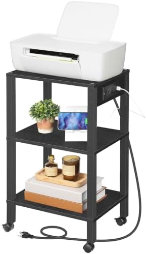 HOOBRO 3-Tier Printer Stand with Charging Station, Under Desk Printer Table, Printer Cart with Storage Shelves, Shelf for Small Spaces, for Home Office, Black BK63UPS01 - Image 2