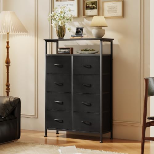 OLIXIS 8 Drawers Fabric Dresser, Raised Shelf Tall Chest of Drawers, Black - Image 2