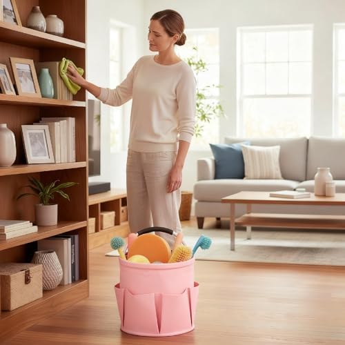 Cleaning Caddy for Cleaning Supplies,17L Cleaning Supply Caddy with Handle Foldable Cleaning Supplies Organizer Bucket Cleaning Products Organizers for Home, Garden (Light Pink) - Image 3