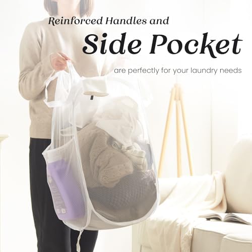 TECHMILLY Collapsible Mesh Pop Up Laundry Hamper with Sturdy Handles and Side Pocket - Portable Foldable Clothes Baskets for Dorm, Bathroom & Travel Storage (White, 2 Packs) - Image 3