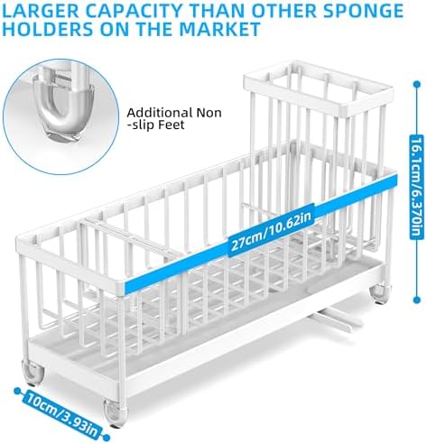 Moforoco Extra Large Kitchen Sink Caddy, Rustproof Sponge Holder for Kitchen with High Brush Holder, Stainless Steel White Kitchen Caddy Countertop Organizer, Sponge Caddy for Kitchen - Image 3