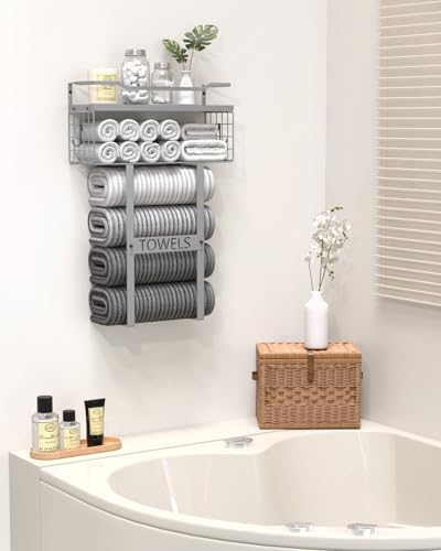 Towel Racks for Bathroom Wall Mounted - Bath Wall Towel Holder Set Above Toilet Storage, Rolled Towel Shelf Organizer for Small Bathroom, Wood Vertical Towel Rack for Bathroom Wall Decor Grey - Image 2