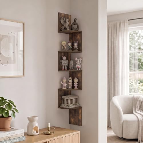 Furinno Rossi 5-Tier Corner Floating Book Shelves for Wall, Amber Pine - Image 4