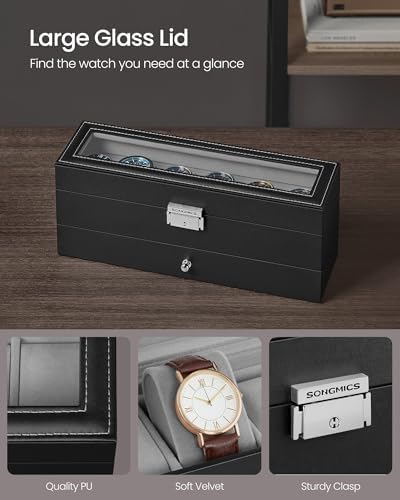 SONGMICS 6-Slot Watch Box, Lockable with Glass Lid, 2 Layers Watch Case - Image 3