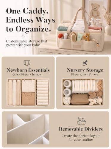 Baby Diaper Caddy Organizer with Waterproof Changing Pad, Beige - Image 3