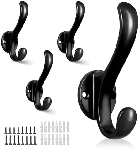 4 Pack Coat Hooks Wall Mount Heavy Duty Utility Retro Double Hooks for Hanging Coats,Hat, Towel, Key, Robe, Scarf, Bag, Cap (Black) by PEOIAOY
