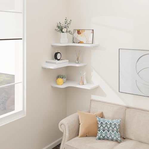 Homode Corner Floating Shelves, Set of 3 Corner Wall Shelves with Wire Hole, L-Shaped Wood Hanging Storage Shelf for Wall Decor, for Bathroom Kitchen Bedroom, White - Image 2