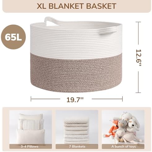 INDRESSME Large Woven Rope Blanket Basket Living Room Brown, 65L - Image 2