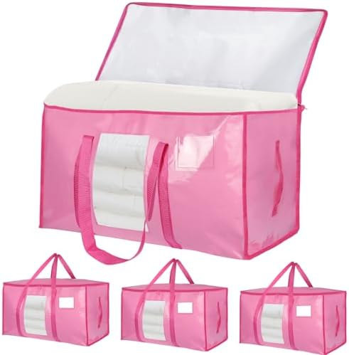 4 Pack Extra Large Moving Bags Heavy Duty 180GSM,130LBS 100L Totes with Visible Window, Zippers & Wrap-Around Handles, Waterproof Reusable, Alt to Moving Boxes, Pink by Unknown