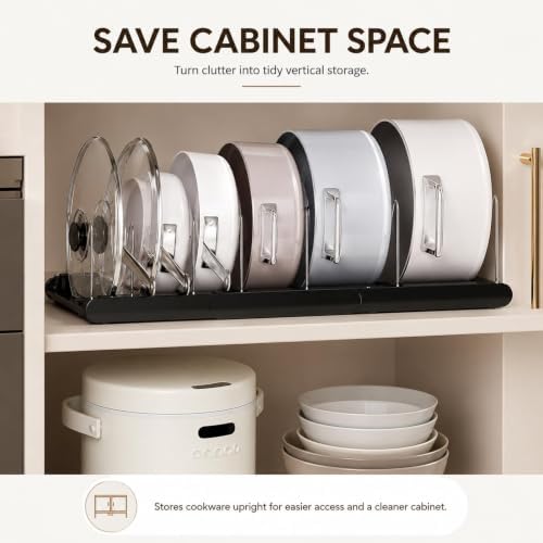 Expandable Pot and Pan Organizer for Cabinet, Adjustable Pot Lid Organizer with Stainless Steel Dividers for Pans, Baking Sheets, Plates & Cutting Boards, 13.6–22.2 in (White) - Image 5