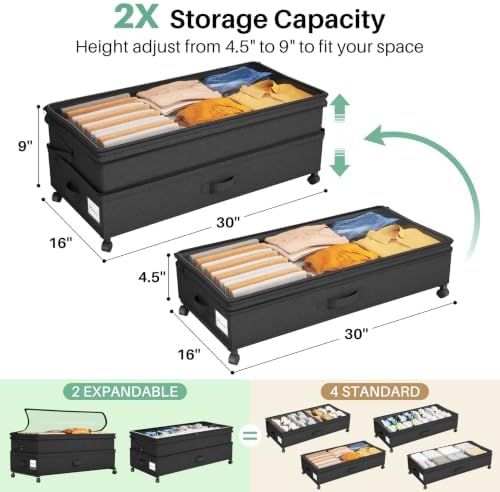 Kitstorack 4 Pack Height-adjustable Under Bed Storage with Wheels, Under Bed Storage Containers,Under Bed Shoe Storage Organizer with Clear Window&Label, Suitable for Clothes Storage, Black - Image 3