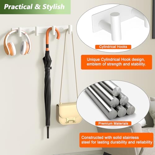 Wall Mounted Coat Rack-4 Hooks, Heavy Duty Stainless Steel Wall Hooks for Towel Coat Bag, Hat Rack Coat Hanger Coat Hooks Towel Racks for Bathroom Entryway Kitchen Office (White, 1 Pack) - Image 4