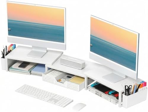 OPNICE Desk Organizers and Accessories, Dual Monitor Stand Riser with Drawer and 2 Pen Holders, Desk Shelf Computer Racks & Printer Stand for Office Workspace Organizers, Desktop Organization (White) by OPNICE