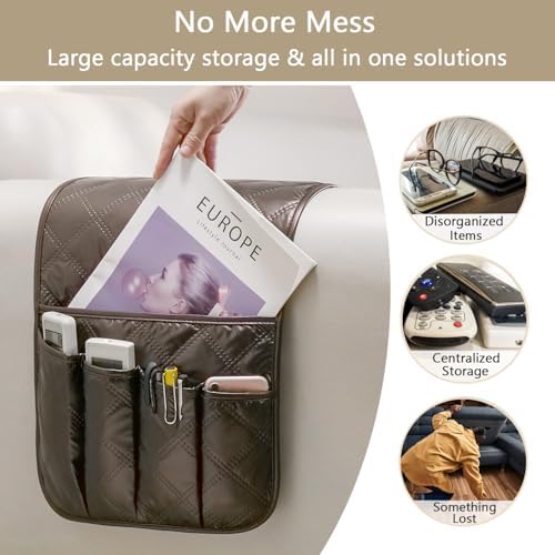 Remote Control Holder for Armchair, Couch Recliner Chair Caddy, Non-Slip Arm Chair Caddy for Recliner with 5 Pockets for Table, Ipad, Magazines, Arm Chair Bedside Caddy Storage Organizer (Brown) - Image 6