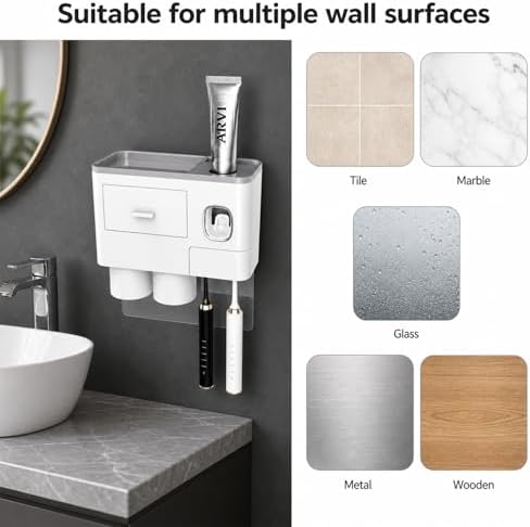 Toothbrush Holders Bathroom Accessories with Toothpaste Dispenser, 2 Cups Toothbrush Holder Wall Mounted Bathroom Decor (Grey and White - Image 4