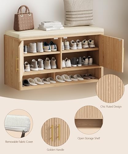 Fluted Shoe Storage Bench, Entryway Bench with Adjustable Shelves - Image 5
