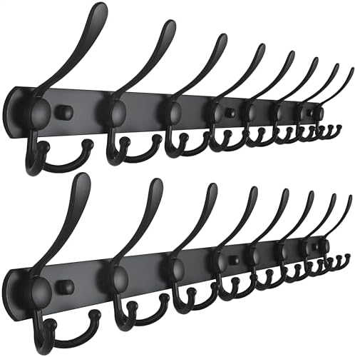 Dseap Coat Rack Wall Mount - 29.5” Long 8-Tri-Hooks Heavy Duty Coat Hanger Rail Wall Hooks for Hanging Coats Hats Clothing Clothes Purse Mudroom Entryway, Black, Pack of 2 by Dseap