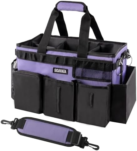 SCAVATA Wearable Cleaning Caddy Bag, Cleaning Caddy Supplies Organizer with Handle & Shoulder Straps for Housekeepers, Under Sink & Car Cleaning Tool Organizers with 4 Foldable Divider (Purple) by Tidyyourlife