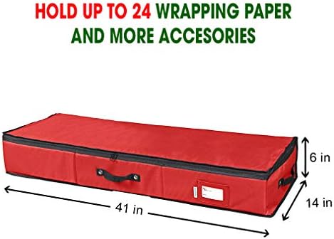 Primode Wrapping Paper Storage Container | Gift Wrap Organizer Under Bed | 41”x14”x6” | Fits 18-24 Rolls Up to 40” | 600D Oxford | Box Holder with Pockets for Ribbon, Bows and Accessories (Red) - Image 2