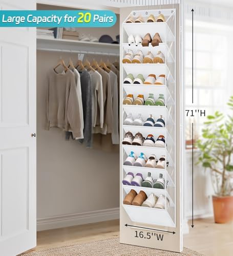 AOODA 10 Tier Clear Over the Door Shoe Organizer Storage, Deep Pockets Large Hanging Shoe Rack for Closet Door, Fit 20 Pairs Sneaker Holder Hanger for Boots (White) - Image 2