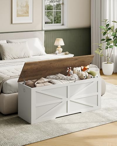 CHOEZON Storage Chest, 47.2" Wooden Storage Trunk, Modern Storage Bench with Safety Hinge, Toy Box, Farmhouse Style, for Bedroom, Living Room, Walnut and White MCW16WL - Image 2