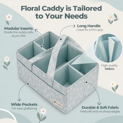 PeraBella Baby Diaper Caddy Organizer, Floral Baby Basket Shower Gift, Nursery Organizer Basket Newborn Boy & Girl Essential Items, Changing Table Organizer Caddy for Baby Stuff, Car Caddy- Blue Daisy - Image 4
