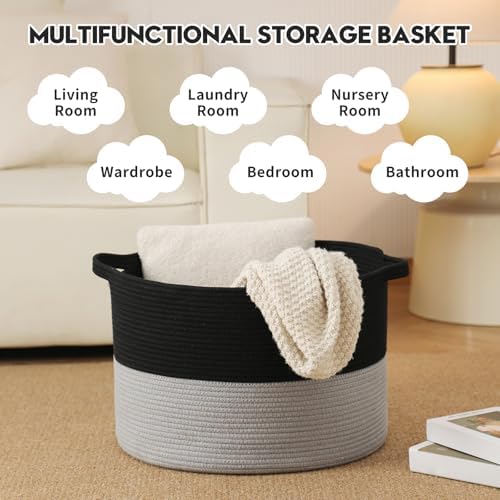 Foldable Laundry Hamper Basket with Collapsible Handle Cotton Rope Soft Woven Fabric Storage Organizer Clothes Toys Nursery Bedroom Dorm Space Saving Bin (Black & Grey, 65L(19.7"D x 12.6"H)) - Image 3