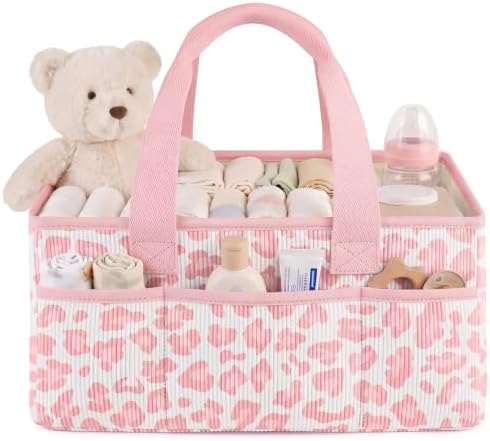 Baby Diaper Caddy Organizer with Portable Changing Mat-Portable Baby Organizers and Storage, Gift for Baby Shower, Corduroy Baby Essentials Organizer with Removable Dividers (Pink Leopard) by Unknown
