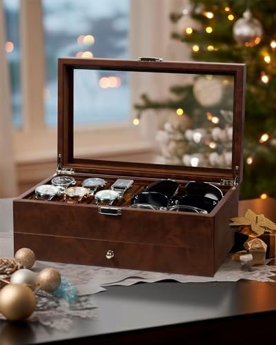 GUKA Watch box, 6 Slot Watch Case, 3 Slot Sunglass Organizer, Watch Cases for men with Real Glass Lid, Watch Organizer storage with Jewelry Case, Birthday for Men and Women, - Image 2