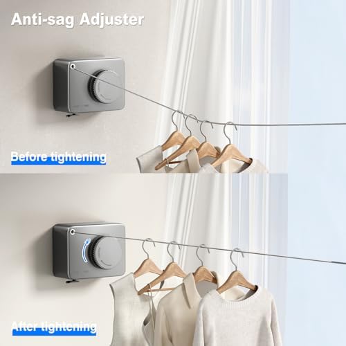MUSTORN Retractable Clothesline Indoor, Non-Sagging Outdoor Clothes Line Retracting Heavy Duty Clothes Drying Laundry Line Wall Mounted Stainless Steel Line-13.8 Feets(Gray) - Image 3