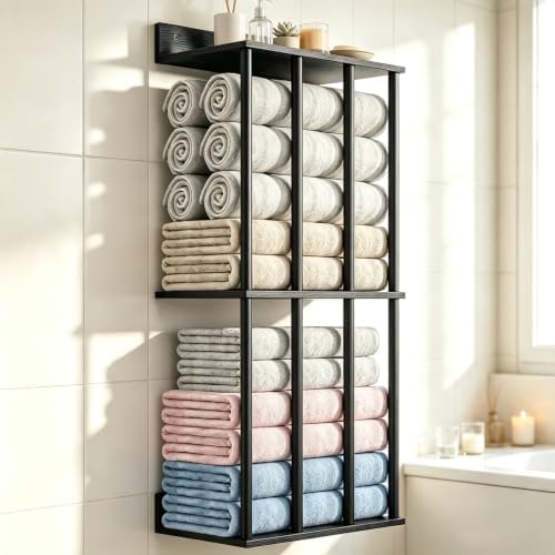 Wall Mounted Towel Rack, Wood & Metal Towel Holder for Bathroom Wall by HamsterHouse