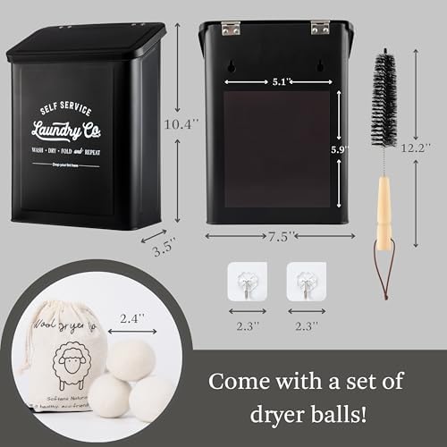 MONJITA Magnetic Lint Bin for Laundry Room, Metal Trash Can with Lid for Dryer, Farmhouse Lint Holder, Laundry Co Sign, Laundry Room Storage Decor with Dryer Lint Brush (Black-Dryer Ball Set) - Image 4