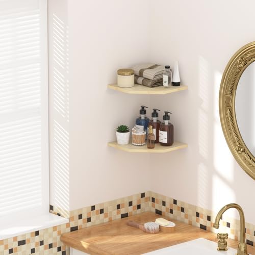 JJL Corner Shelves, 12 Inch Corner Shelf Wall Mounted with Wire Hole, 2 Tier 13.3 Inch Deep Wooden Corner Hanging Shelving for Wall Storage, for Speaker, Cable Box, Light White - Image 5