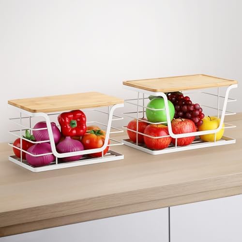 ALOCEO 2 Pack Potato and Onion Storage Bins, Large Trash Bag Holder Under Sink with Bamboo Top, Stainless Steel Pantry Organizers Storage, Kitchen Counter, White - Image 5
