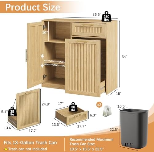 13 Gallons Pull Out Trash Can Cabinet with Storage, Natural Oak - Image 2