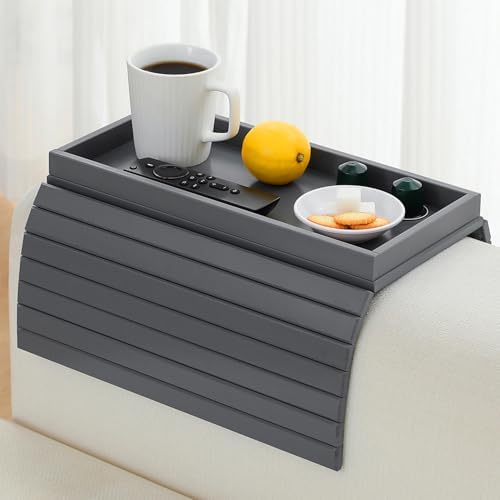 Bamboo Couch Arm Tray Table，Foldable Sofa Armrest Tray Table for Couch，Flexible and Anti-Slip Couch Arm Cup Holder，Portable Sofa Arm Chair Table for Drink,Cups, Eats，Snacks, Phone, Remote (Gray) - Image 2