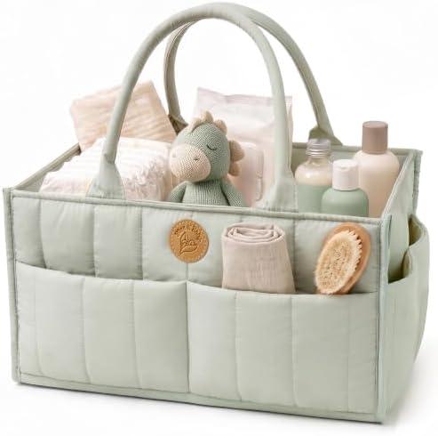 Baby Diaper Caddy Organizer - Portable Diaper Caddy with Handles & Removable Dividers - Large & Quilted Nursery Storage Basket - Changing Table Bag for Car - Baby Shower & Registry Gift - Sage Green by BlissnBaby