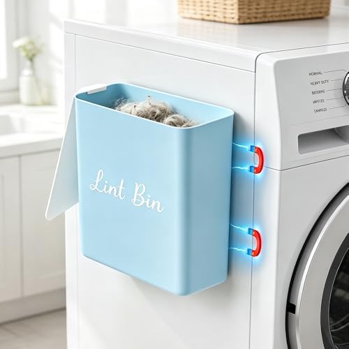 Magnetic Lint Bin with Lid for Laundry Room, Compact Plastic Dryer Lint Holder, Small Laundry Trash Container for Dryer Lint & Used Dryer Sheets, Space Saving Storage Decor Organizer (Blue) by DIRZHX