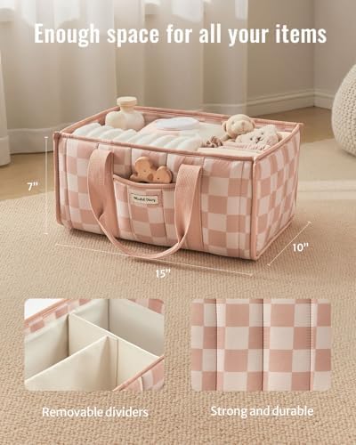Blissful Diary Checkered Diaper Caddy Organizer, Storage Basket, Pink - Image 3