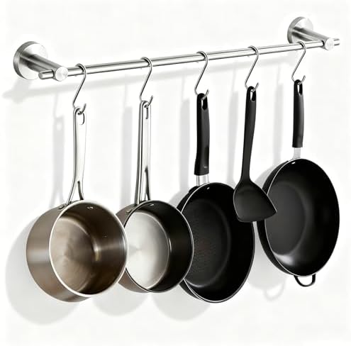 NEWRAIN Pot Rack Wall Mounted, 21 inch Hanging Pot and Pan Hanger, Stainless Steel Kitchen Rail Coffee Mug Rack with 10 S Hooks,Brushed Nickel by NEWRAIN