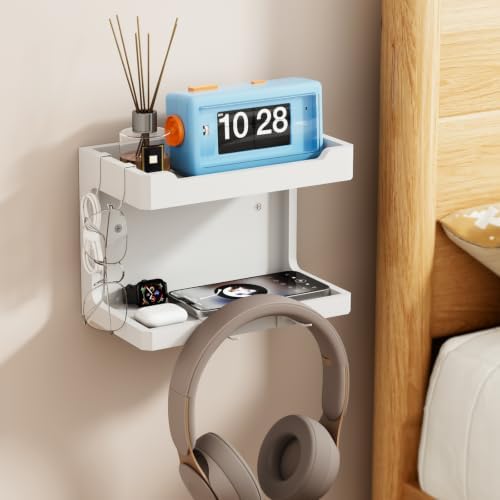 NiHome Bedside Wall Shelf Organizer, Wood 2-Tier Floating Nightstand, White - Image 2