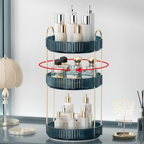 360 Rotating Makeup Organizer for Vanity, Bathroom Countertop Organizer Spinning Perfume Organizer, High-Capacity Cosmetic and Skincare Dresser Make Up Holder Rack (3 Tiers, Blue) by Weidace