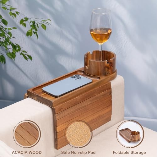 Couch Cup Holder for Armrests Over 4.9" Wide with 360° Phone Stand Acacia - Image 5