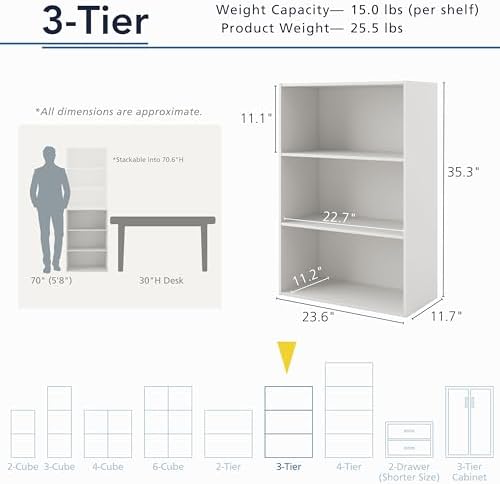 Homes: Inside + Out Apexa 3-Tier Cube Storage Organizer Shelves, Stackable Wood Bookcase Fits Cubby Bins for Organization, Dorm Teen Room Decor & Home Office, Steel Blue - Image 3
