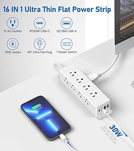 30W Under Desk Power Strip with Switch 12 Outlet 4 USB 1200J 6FT White - Image 2