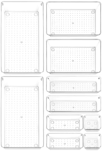 10 Pack Clear Drawer Organizer, 5 Sizes, Non-Slip Storage Trays by CHOWAY