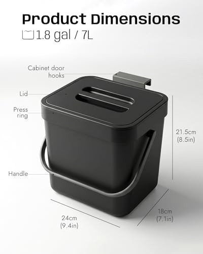 1.8 Gal Countertop Compost Bin, Hanging Trash Can 7L/Black - Image 2
