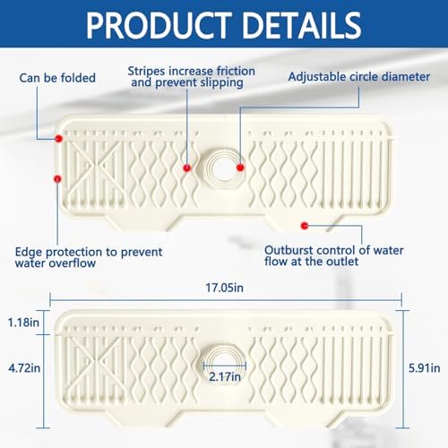 Silicone Sink Mat Splash Guard-17" x 6'' Sink Splash Guard,Kitchen Sink Accessories fit for Countertop, Bathroom,Farmhouse,RV by EBIGIC (Off-white) - Image 2