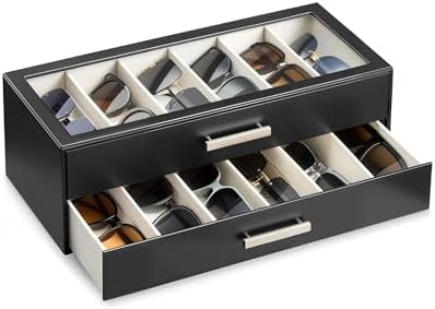ProCase Sunglasses Organizer Box with Clear Glass Lid, PU Leather Eyeglass Storage Display Case for Men and Women by ProCase
